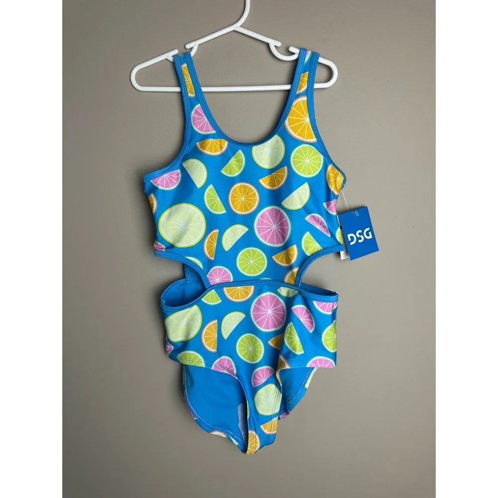 DSG Girls One Piece Swimsuit Cut Outs Citrus Fruit Blue Main Squeeze Size Medium